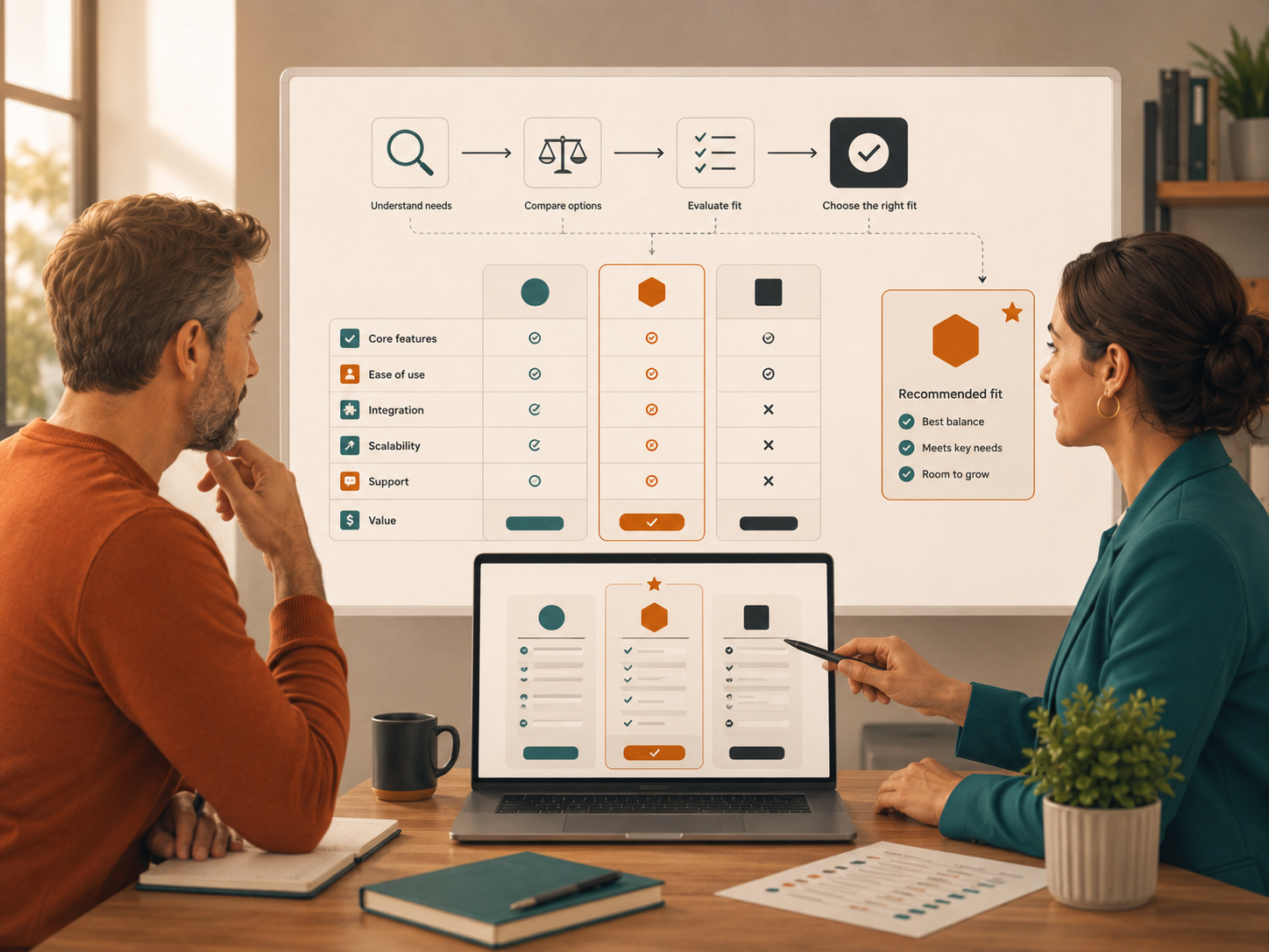 AI consultant and business owner comparing software options on a laptop and whiteboard to choose the right AI tools for a business.
